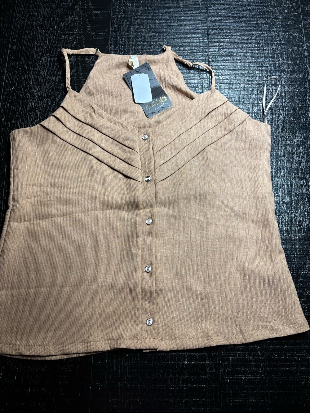 Sleeveless Brown Pleated Front Button Tank Top